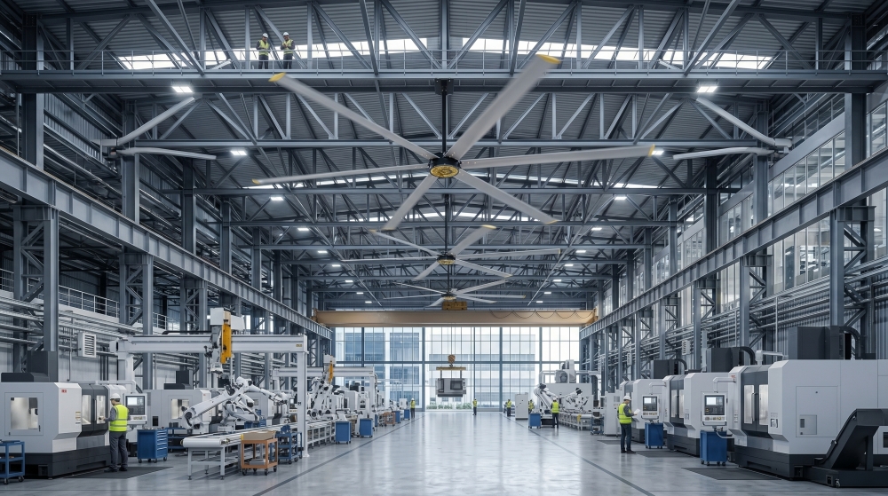Visualización de auditoría técnica: Un enorme ventilador de techo industrial (HVLS) con perfiles aerodinámicos especializados de aluminio 6063-T6 opera sobre una fábrica. El motor PMSM de accionamiento directo gestiona la estratificación térmica a través de la extensa estructura de celosía de acero y la zona del centro de mecanizado, mientras trabajadores de la planta monitorean la producción desde una plataforma elevada.
